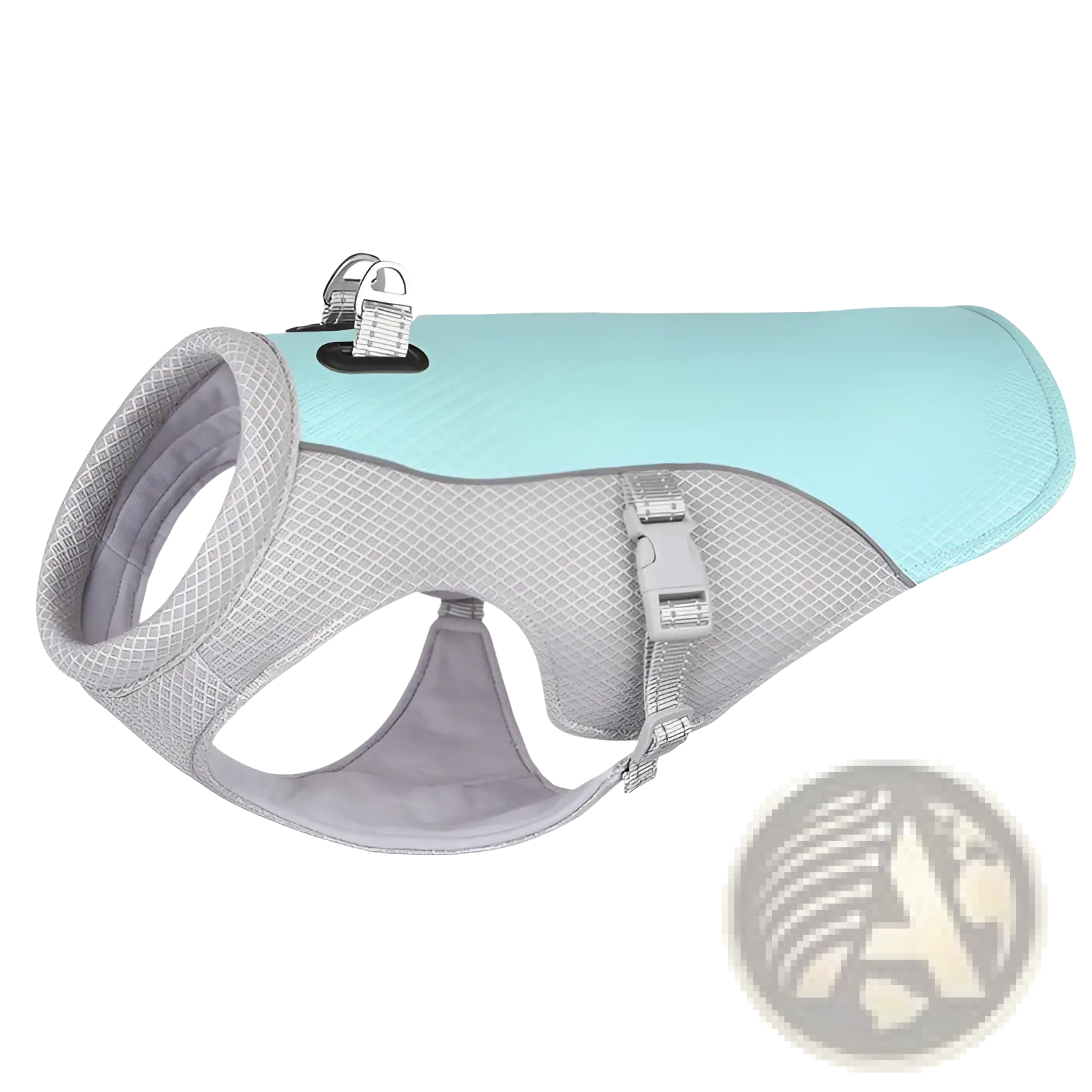 Light blue and gray mesh dog cooling vest with reflective sunproof harness adjustable straps and metal d-ring