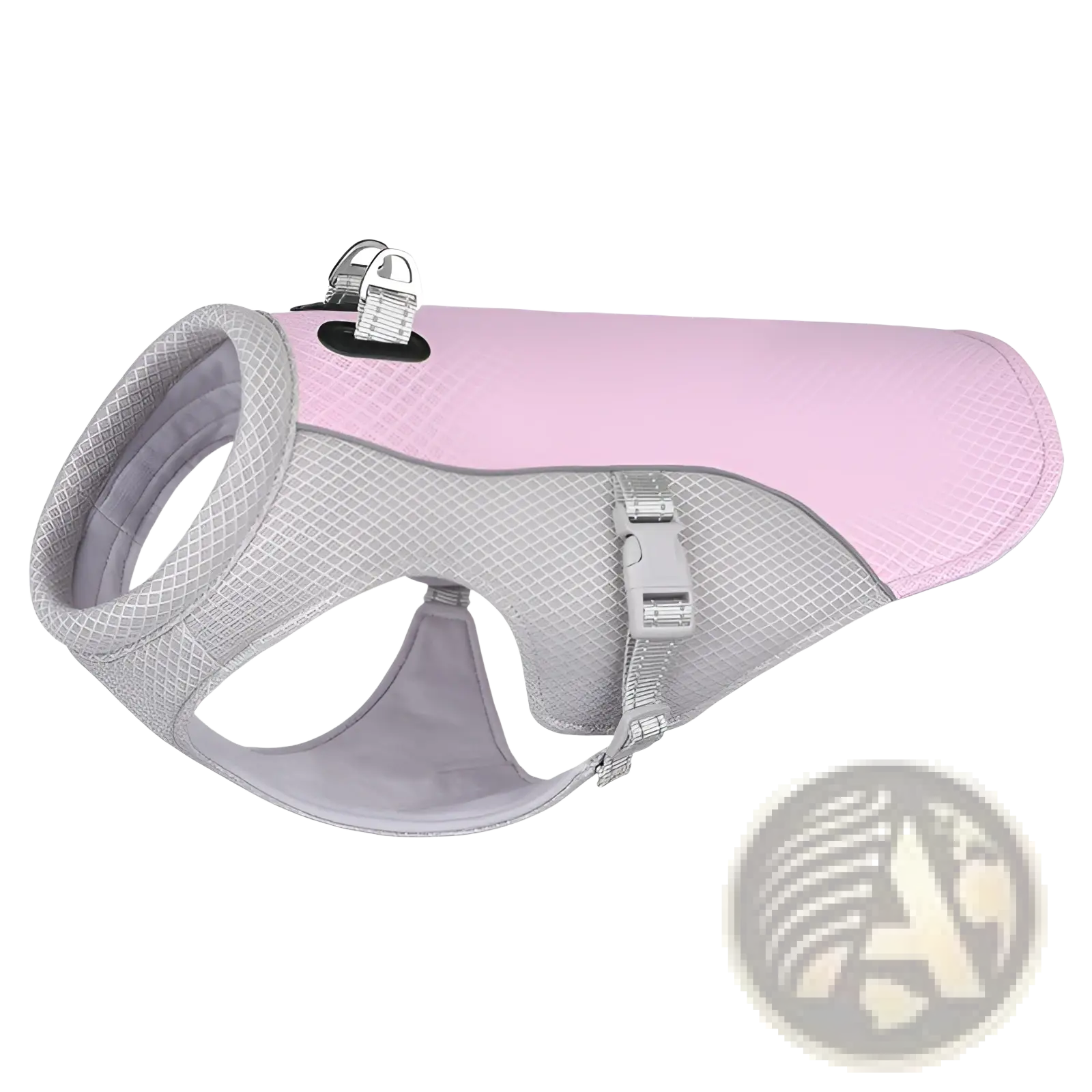 Pink and gray mesh dog cooling vest with reflective sun proof harness features adjustable straps and silver buckle