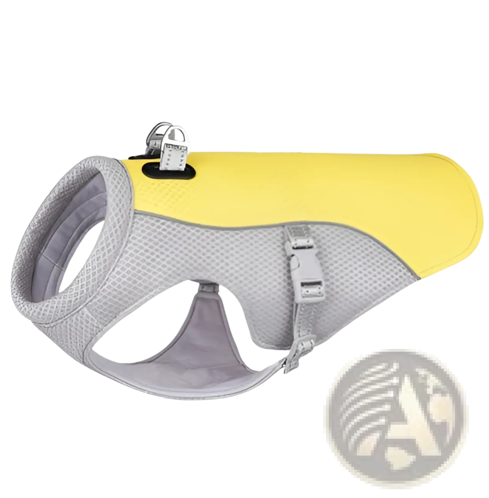 Yellow and gray mesh dog cooling vest with reflective sun proof harness featuring adjustable straps and secure buckle