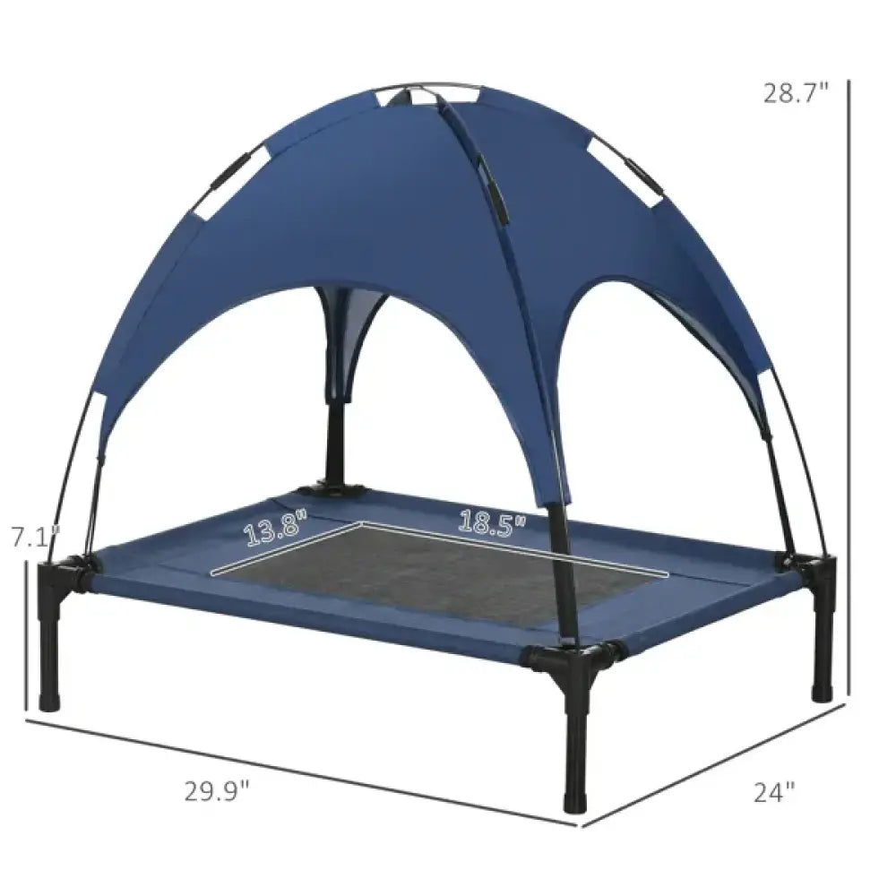 Blue mesh elevated cooling pet bed with removable canopy and black metal frame for enhanced comfort and ventilation
