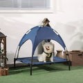 Blue fabric pet tent with black metal frame and removable canopy in elevated cooling pet bed mesh cot design