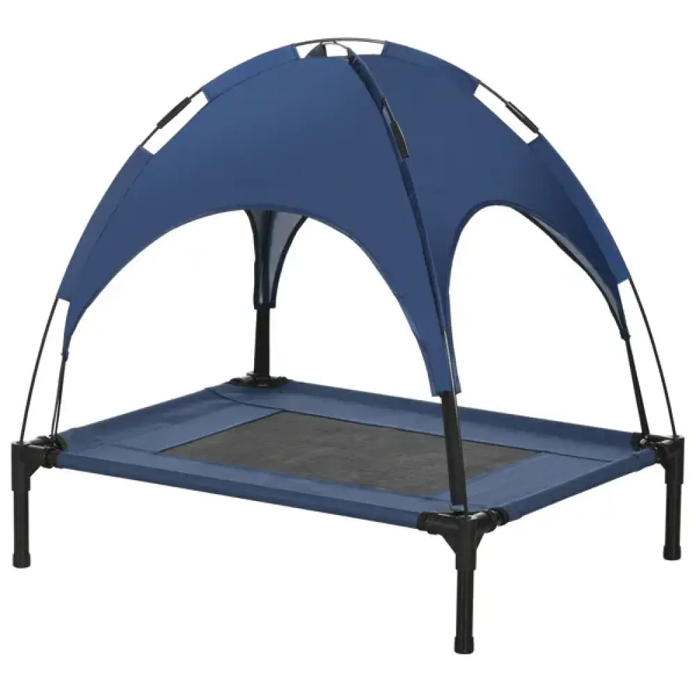 Elevated cooling pet bed in blue mesh fabric with removable canopy and black metal frame for comfortable resting
