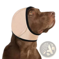 Beige and black padded neoprene dog ear protector with elastic trim designed as a swim cap for ear protection