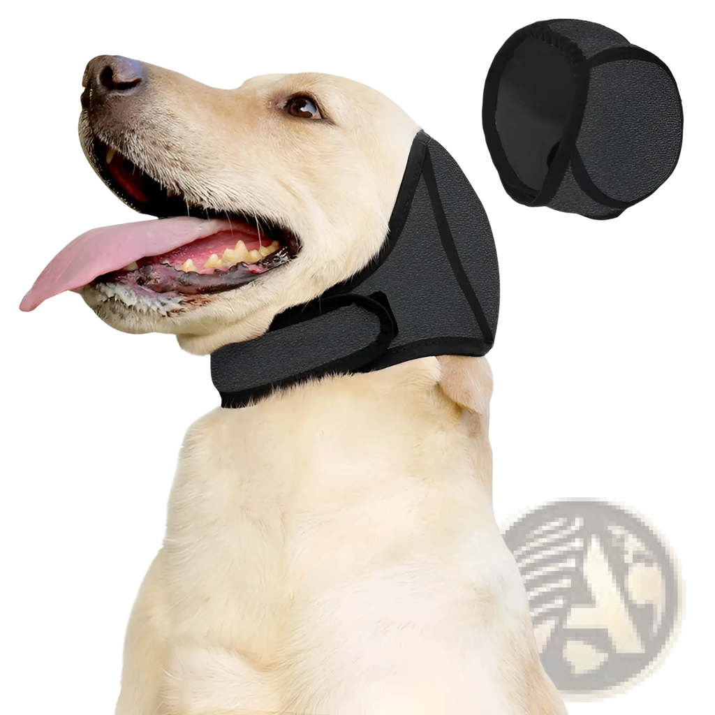 Black mesh dog muzzle with adjustable strap shown from the back side for use with dog ear protector pink neoprene swim cap
