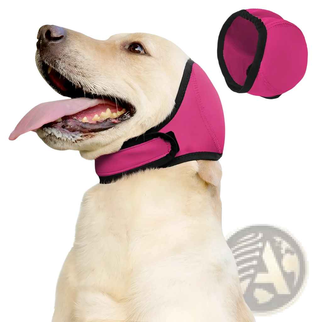 Pink neoprene dog muzzle with black trim designed as a dog ear protector swim cap for water use