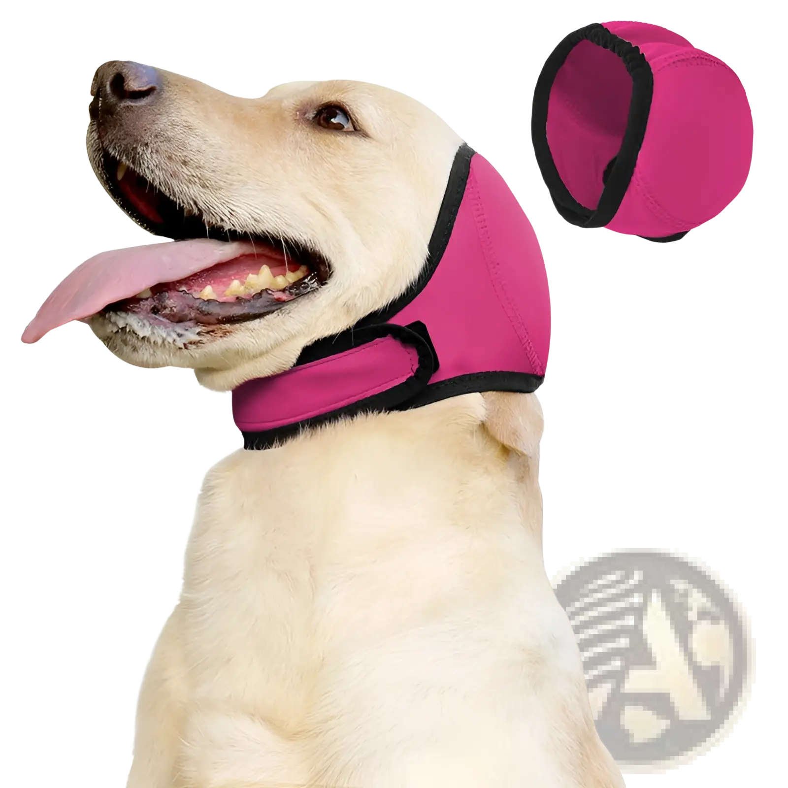 Pink neoprene dog muzzle with black trim designed as a dog ear protector swim cap for water use