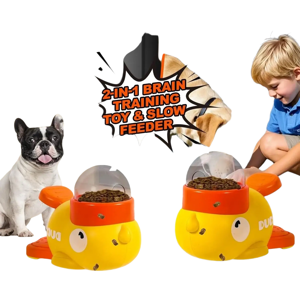 Yellow and orange dog food puzzle feeder with 2-in-1 brain training slow feeder and clear dome lid design