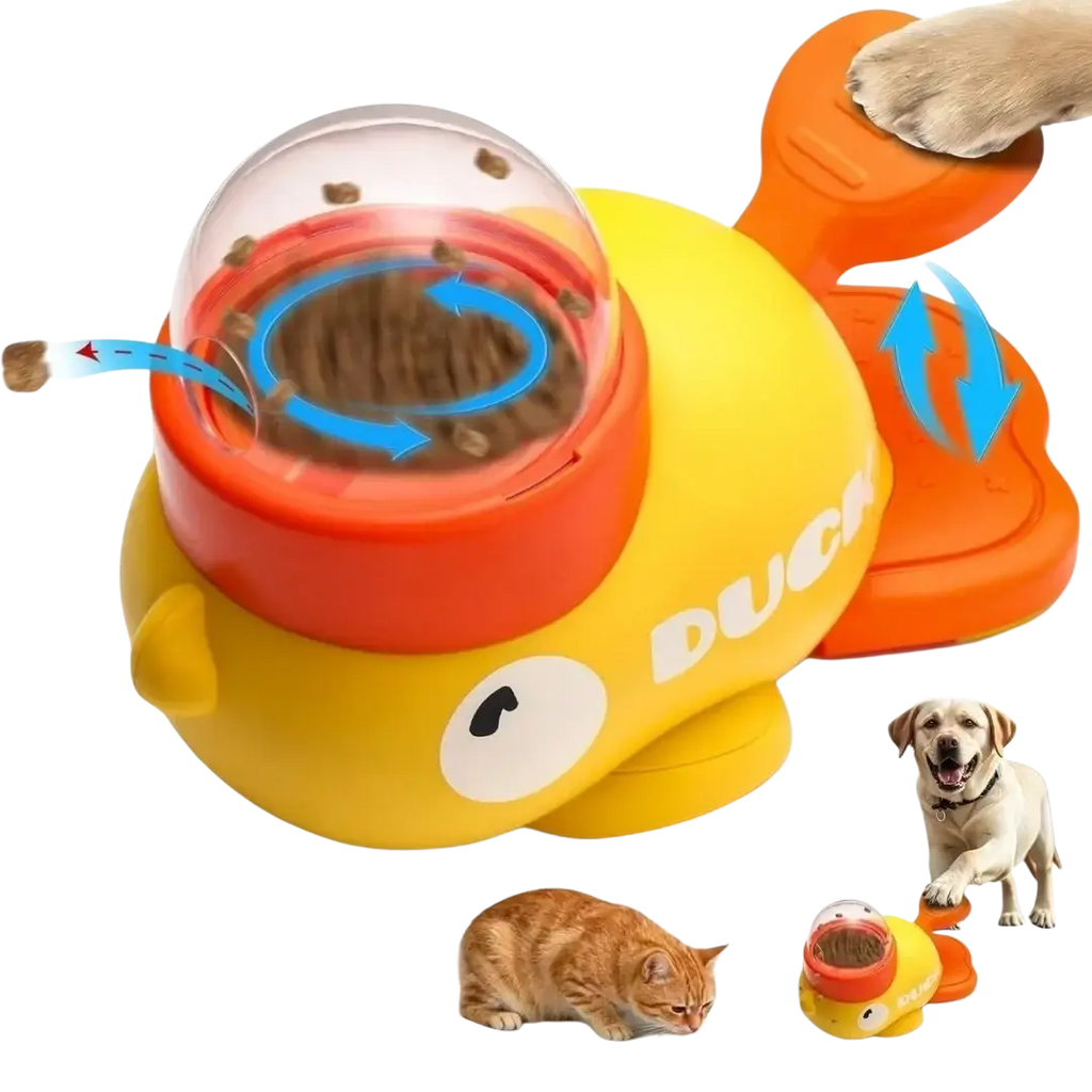 Yellow and orange duck-shaped dog food puzzle feeder with clear dome top for slow automatic kibble dispensing