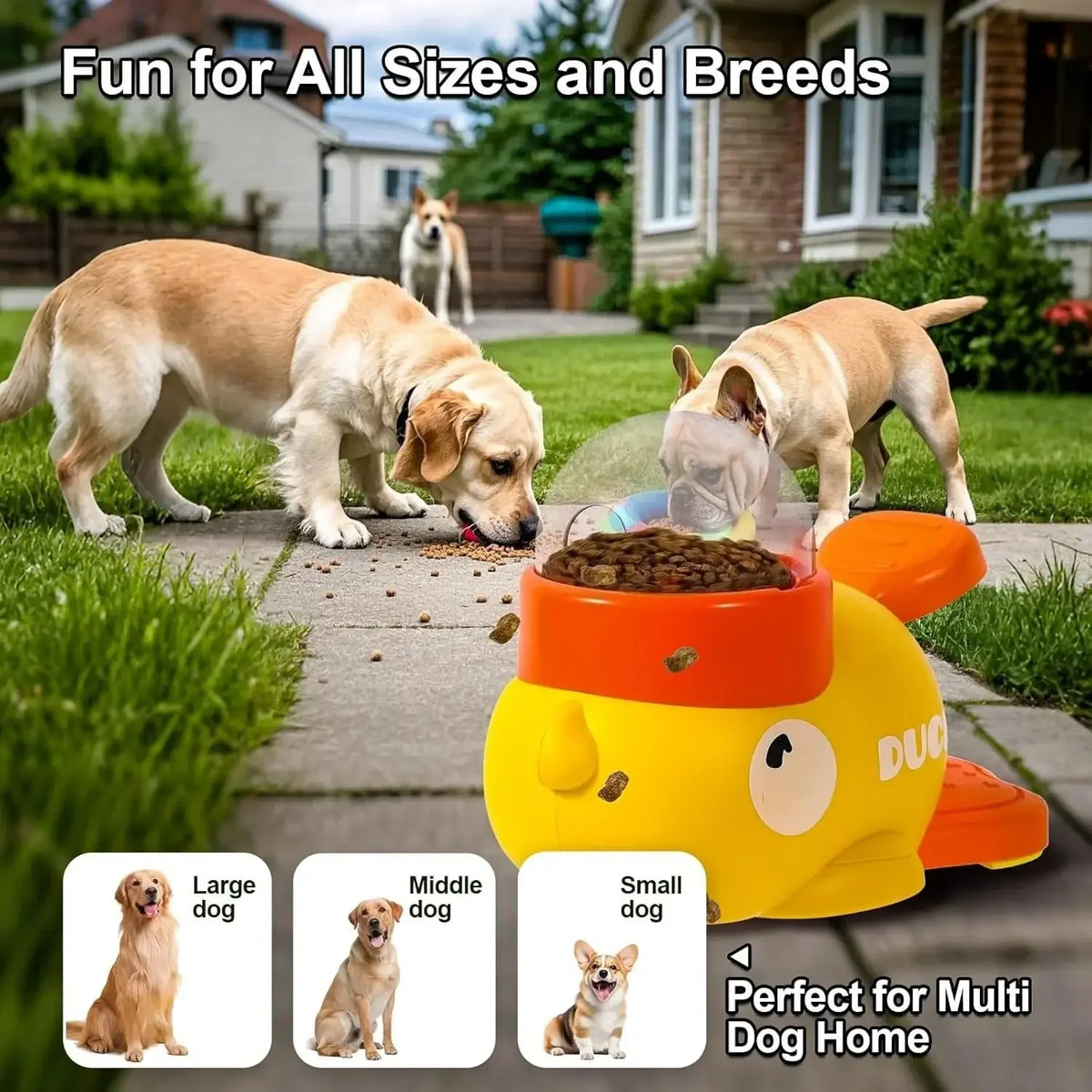 Yellow and orange duck-shaped dog food puzzle feeder designed as a slow dispensing playful food puzzle toy