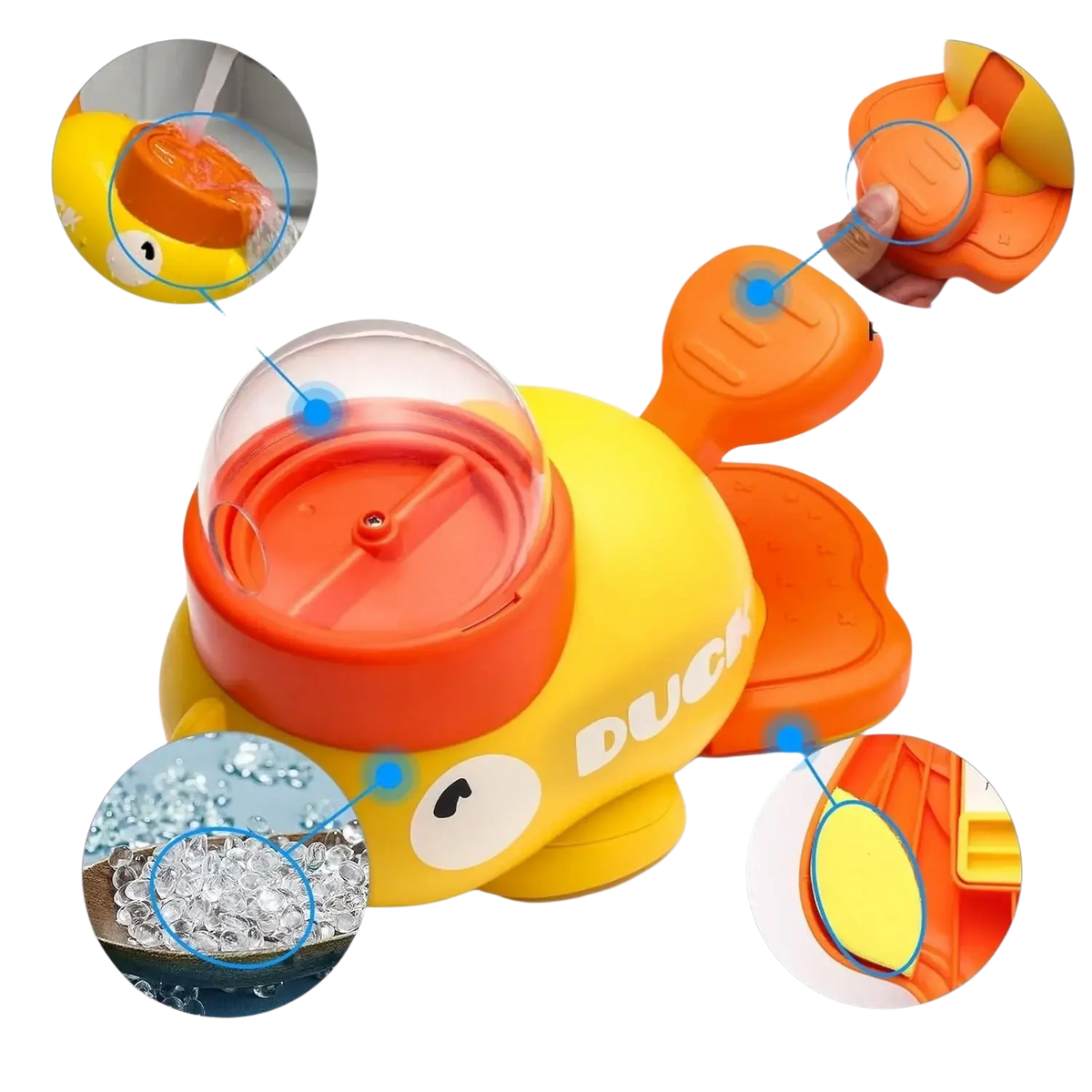 Yellow and orange abs duck-shaped dog food puzzle feeder with clear dome top for slow dispensing food puzzle feeder