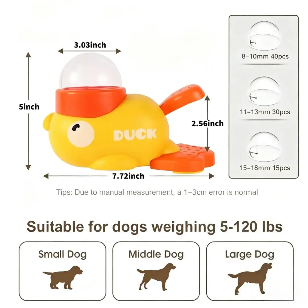 Yellow plastic duck dog food puzzle feeder with orange accents and clear dome for slow dispensing food puzzle