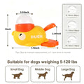 Yellow plastic duck dog food puzzle feeder with orange accents and clear dome for slow dispensing food puzzle