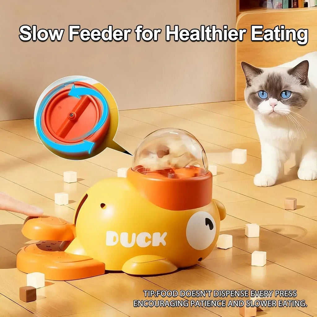 Yellow duck-shaped dog food puzzle feeder with orange accents and clear dome top for slow dispensing of food