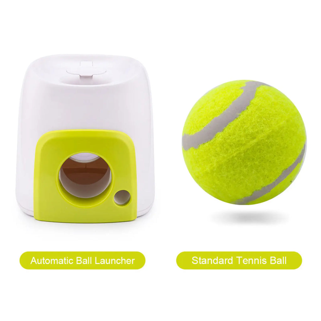 Bright lime green and white automatic ball launcher with circular loading slot for interactive dog food reward play