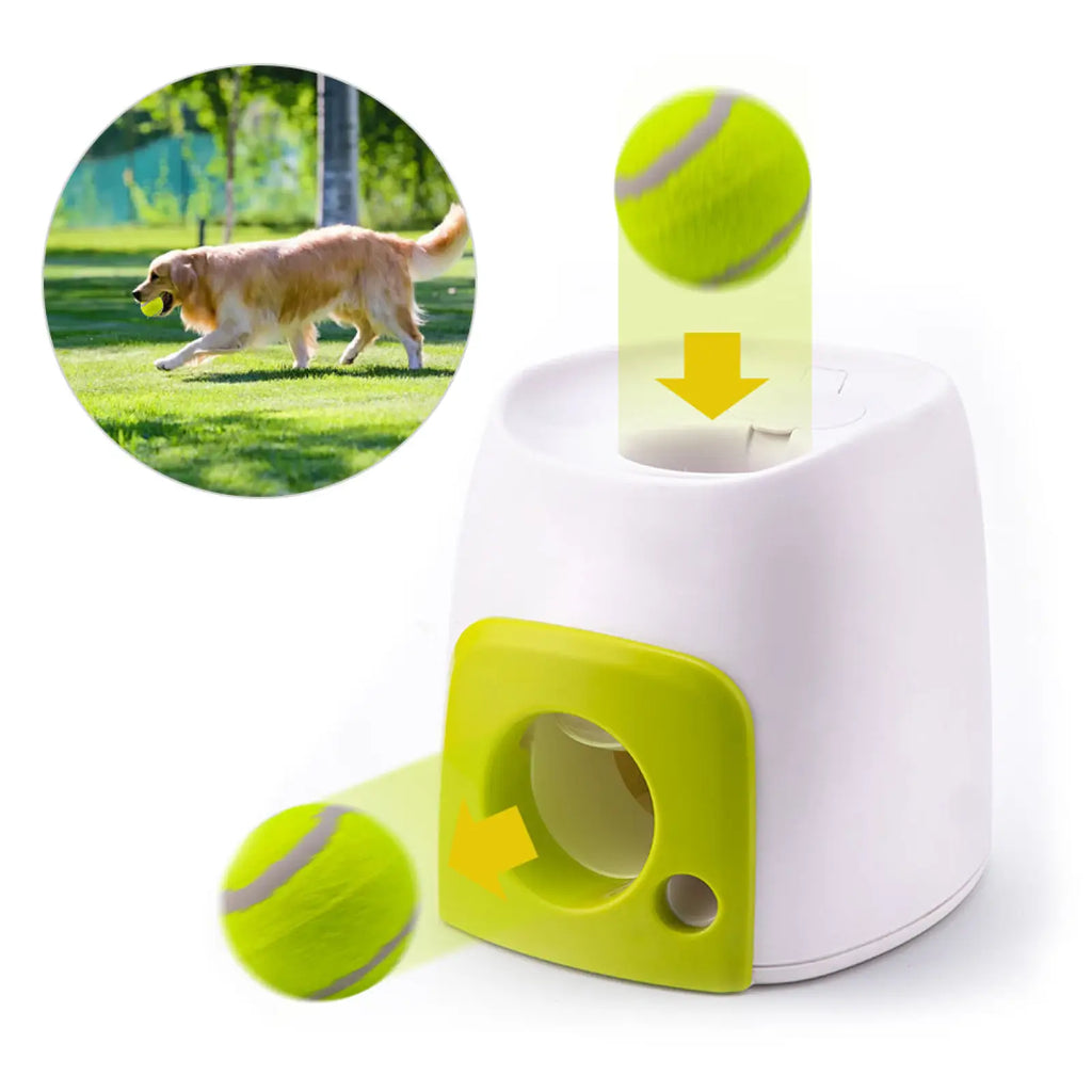 White and lime green interactive dog food reward machine ball launcher with circular opening for balls