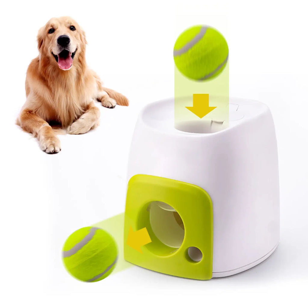 White and lime green interactive dog toy launcher with tennis ball design for food reward and play