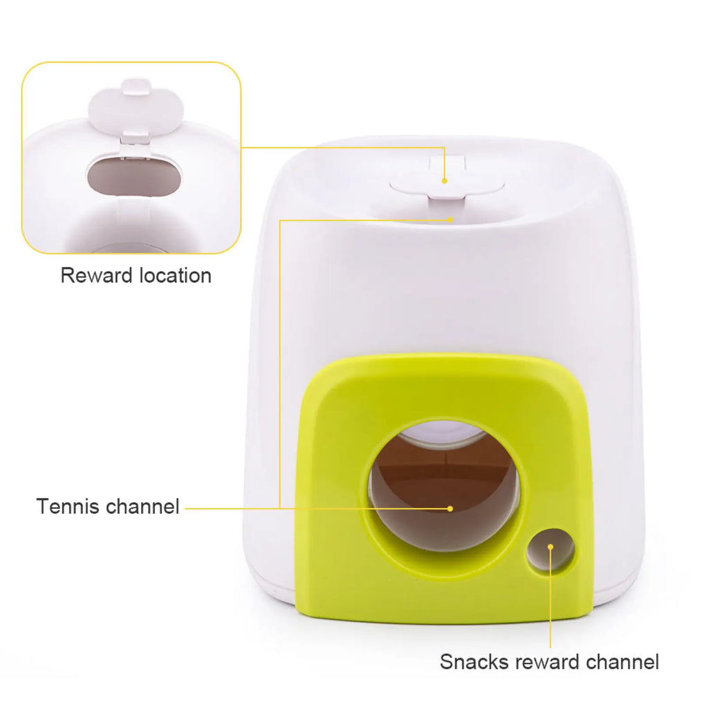 White and lime green plastic dog food reward machine interactive ball launcher with tennis and snack channels