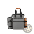 Gray textured insulated dog food travel backpack with black straps and wooden handle for pet transportation