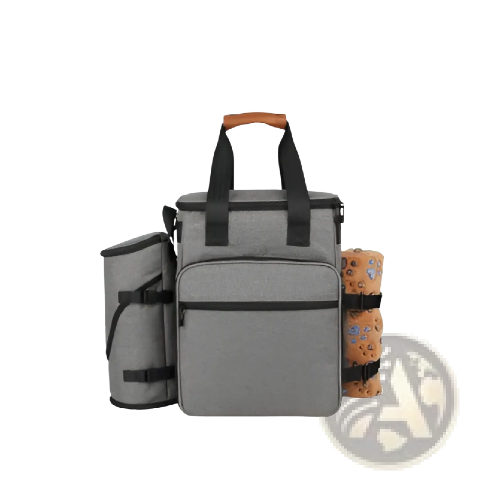Gray textured insulated dog food travel backpack with black straps and wooden handle for pet transportation