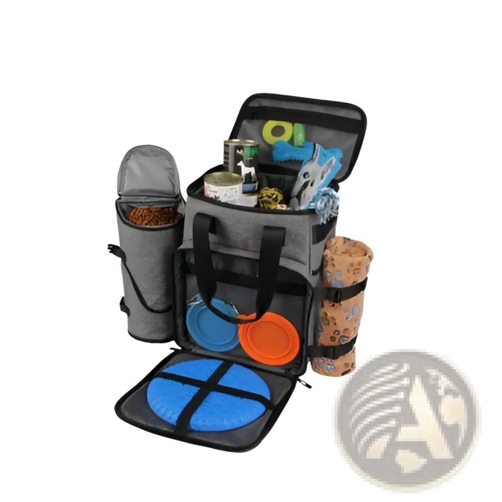 Gray fabric insulated dog food travel backpack with black trim and multiple compartments for pet supplies