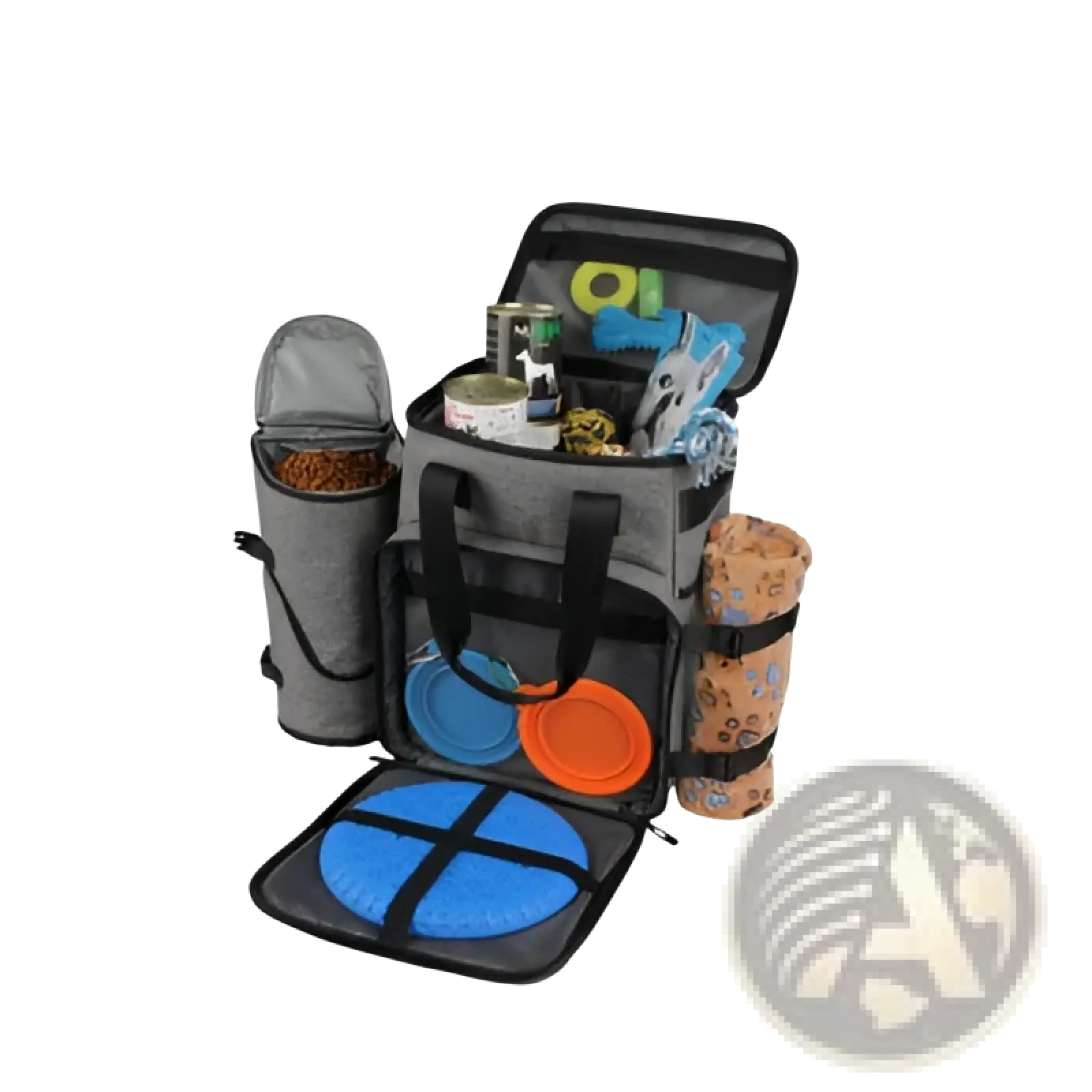 Gray fabric insulated dog food travel backpack with black trim and multiple compartments for pet supplies