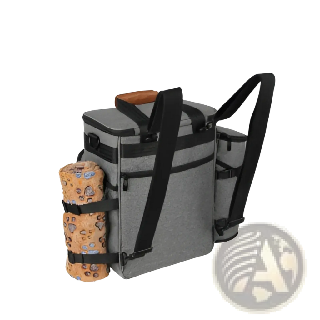Gray insulated dog food travel backpack with textured cooler bag, black straps, wooden handle, and side storage compartments