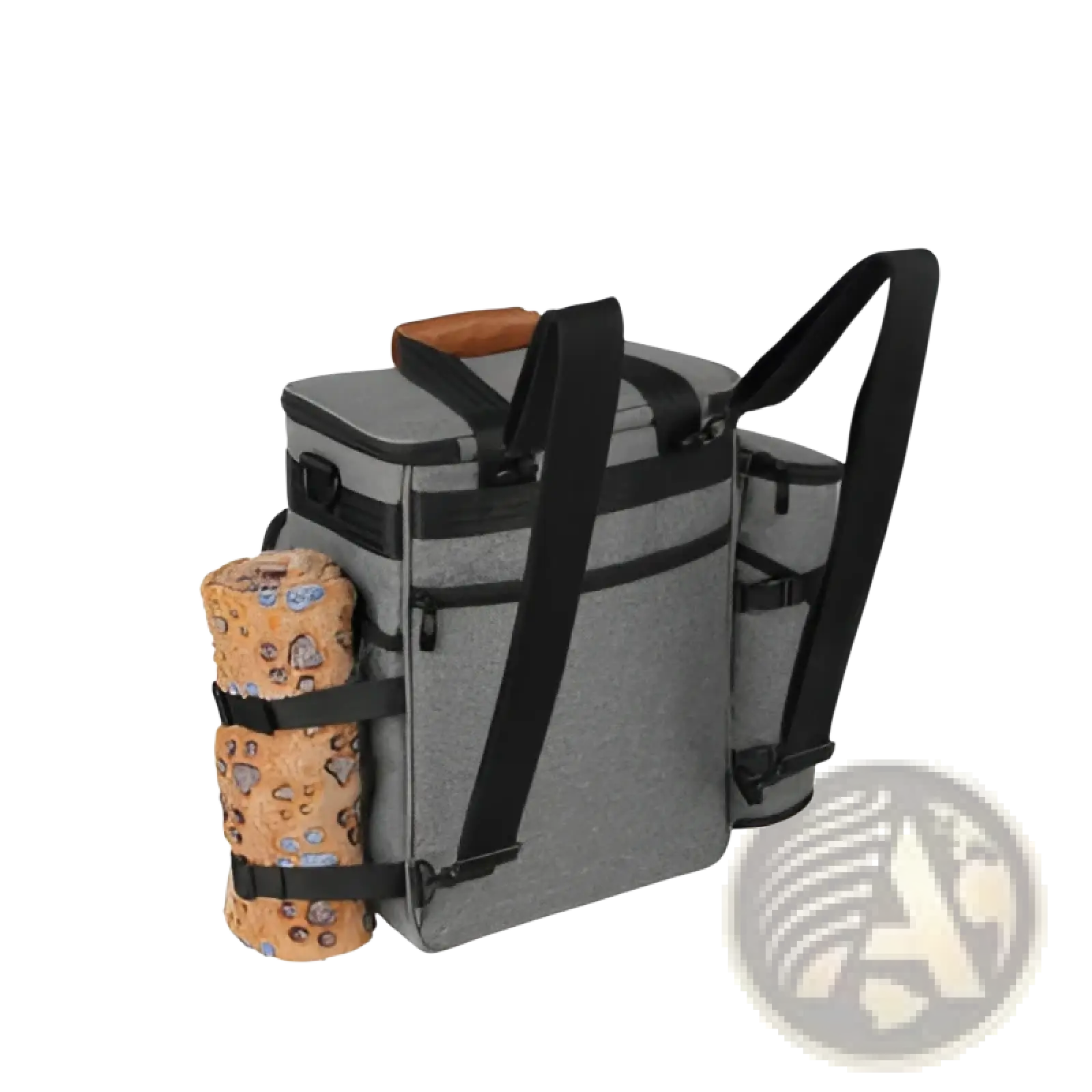 Gray insulated dog food travel backpack with textured cooler bag, black straps, wooden handle, and side storage compartments