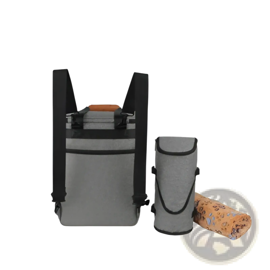 Gray textured fabric insulated dog food travel backpack with black straps wooden handle and matching bottle sleeve