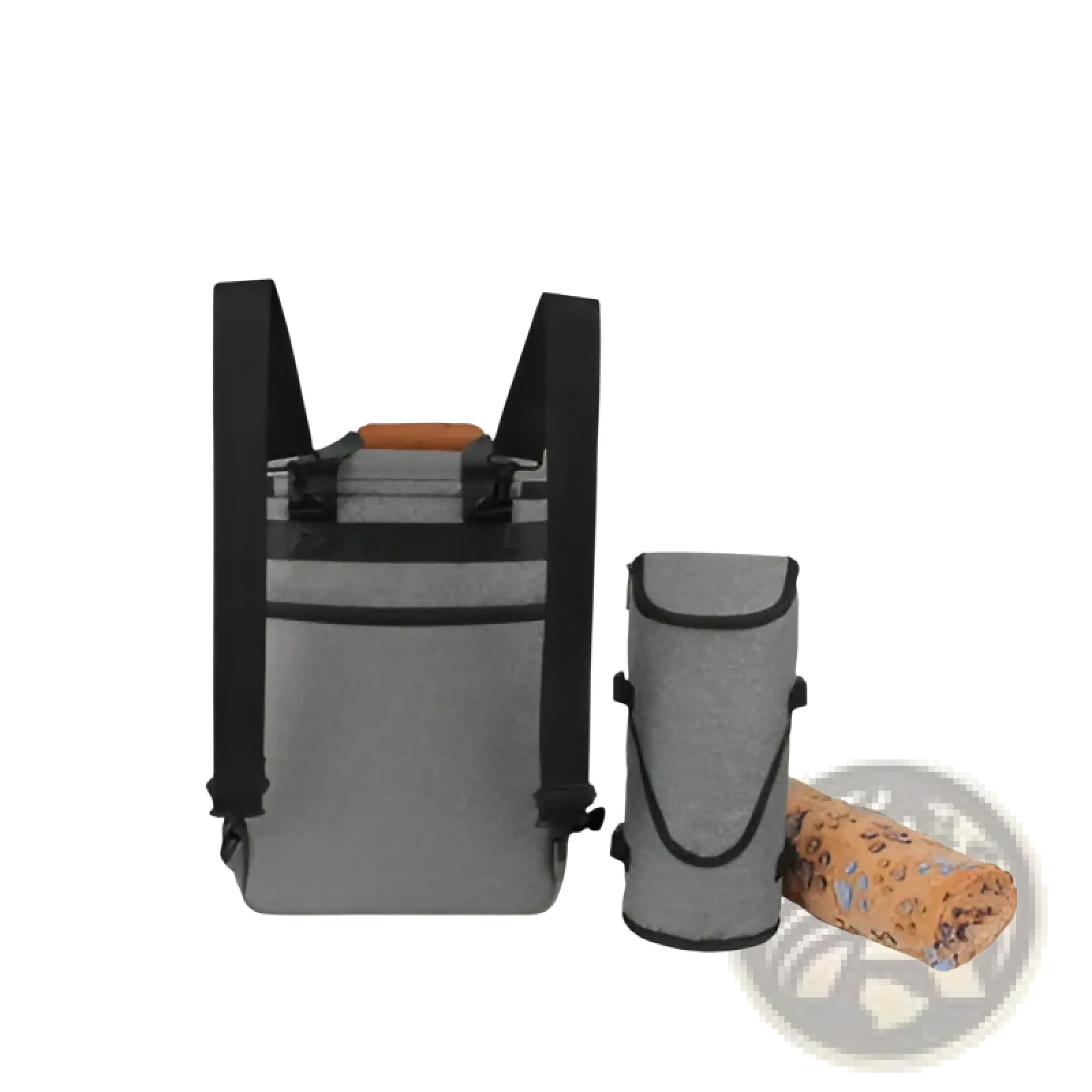 Gray textured fabric insulated dog food travel backpack with black straps wooden handle and matching bottle sleeve