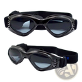 Black dog goggles with uv protection dark tinted lenses and soft black elastic strap for secure fit