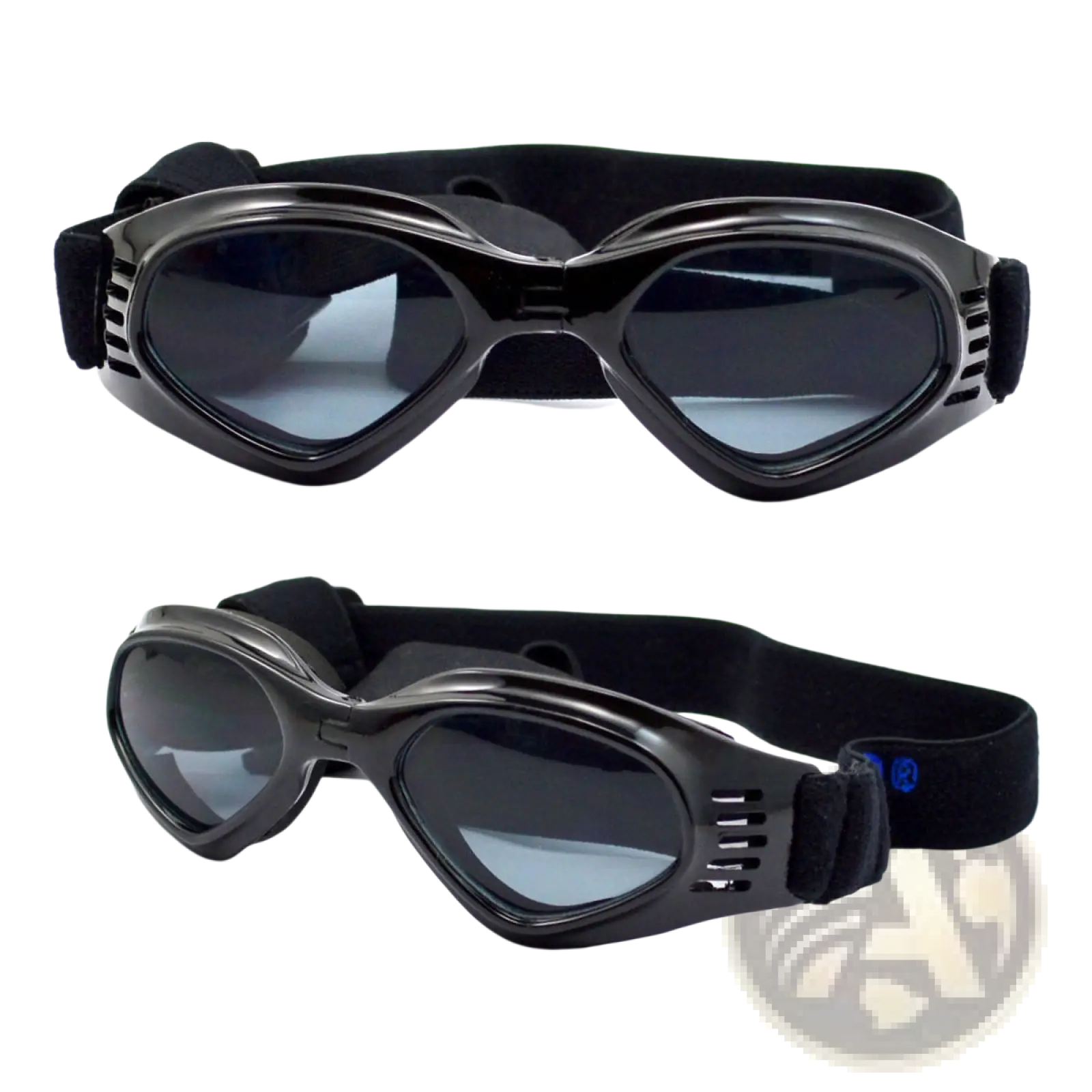 Black dog goggles with uv protection dark tinted lenses and soft black elastic strap for secure fit