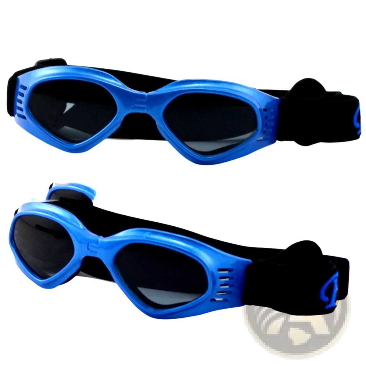 Dog goggles uv protection sunglasses with bright blue plastic frame black lenses and adjustable black elastic straps