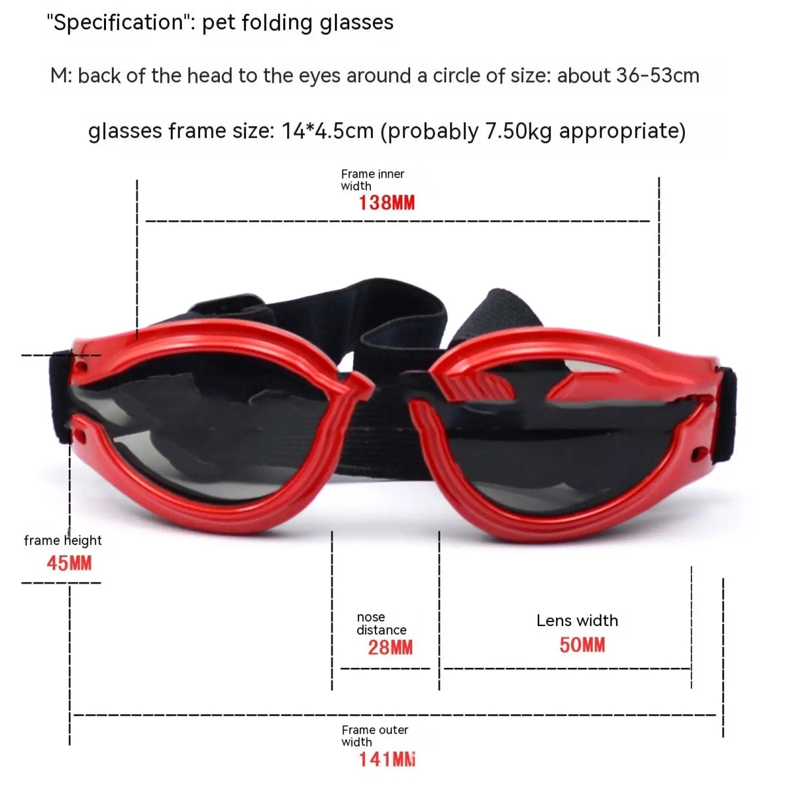 Dog goggles uv protection sunglasses with red plastic frame black lenses and adjustable black straps for pets