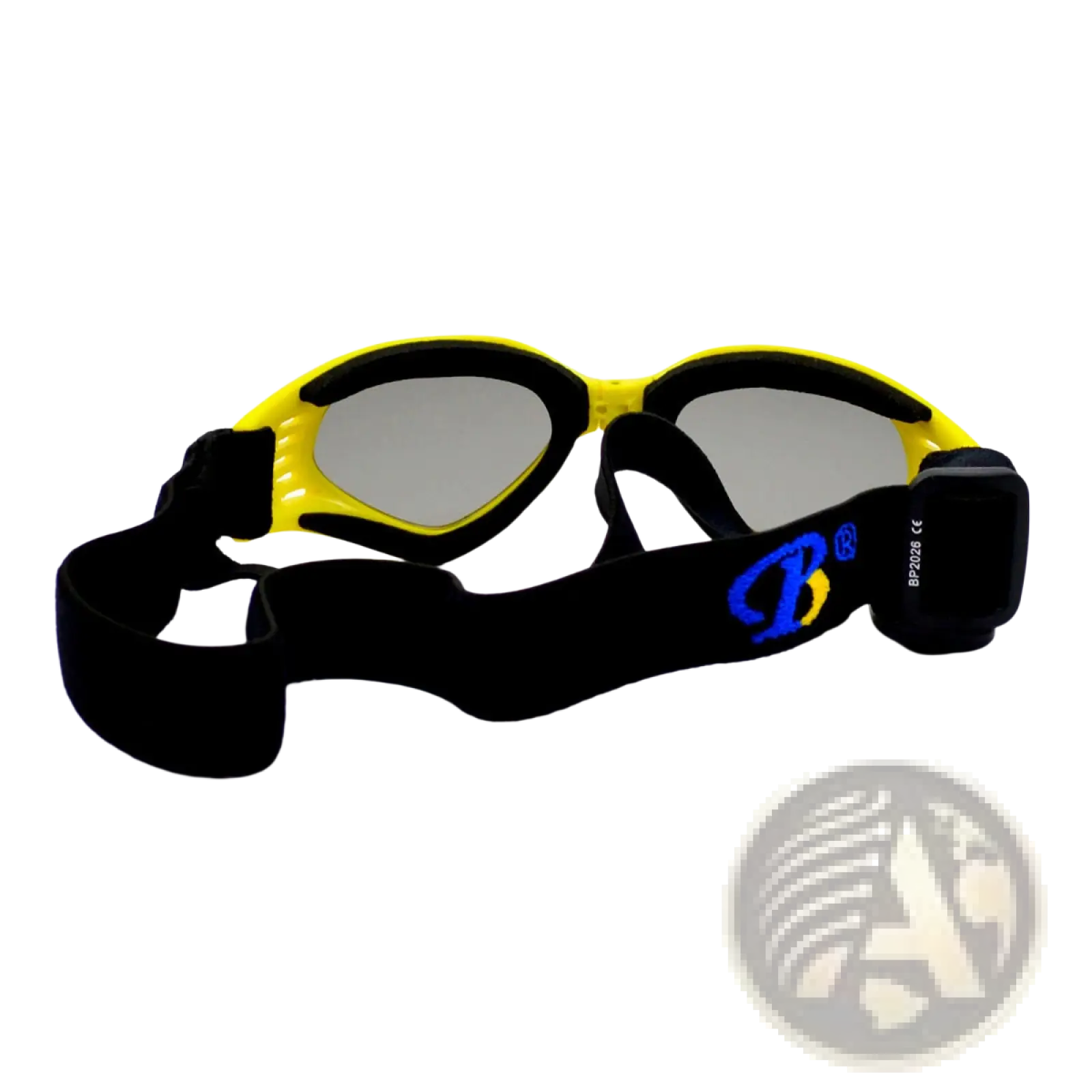 Yellow and black dog goggles with gray lenses designed for uv protection sunglasses use