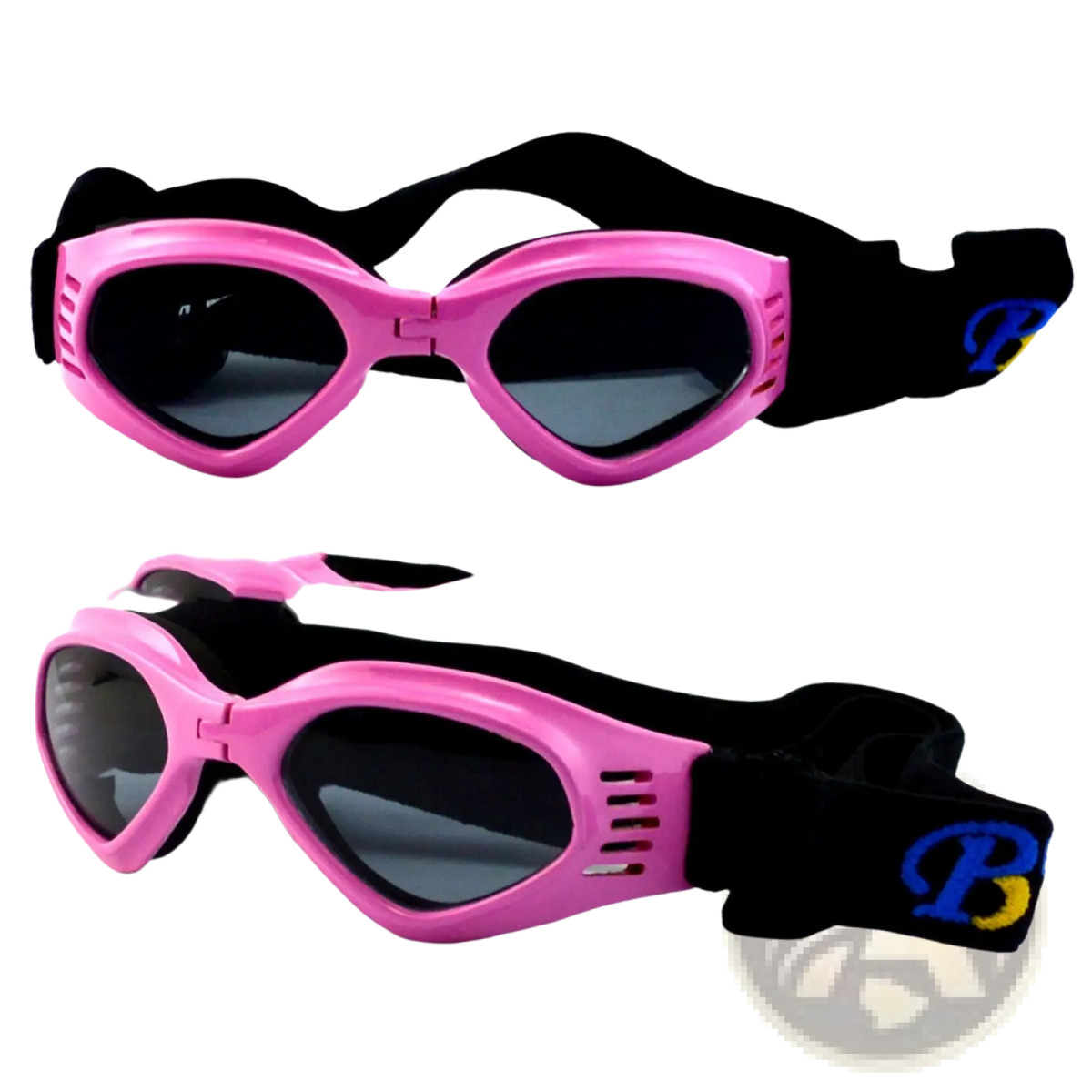Pink plastic dog goggles with uv protection black lenses and black elastic strap featuring blue and yellow logo