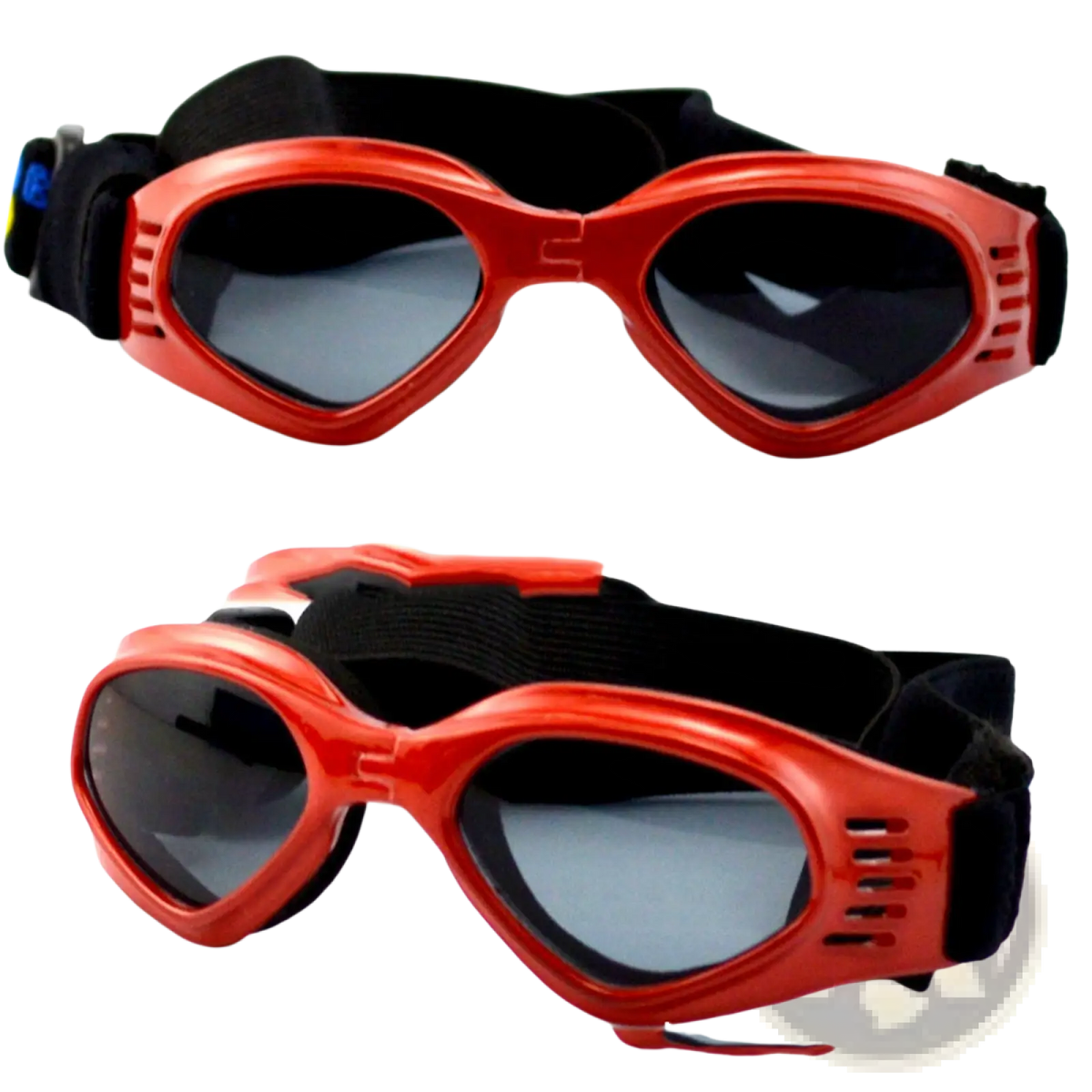 Red plastic dog goggles with uv protection black lenses and adjustable black elastic straps for outdoor use
