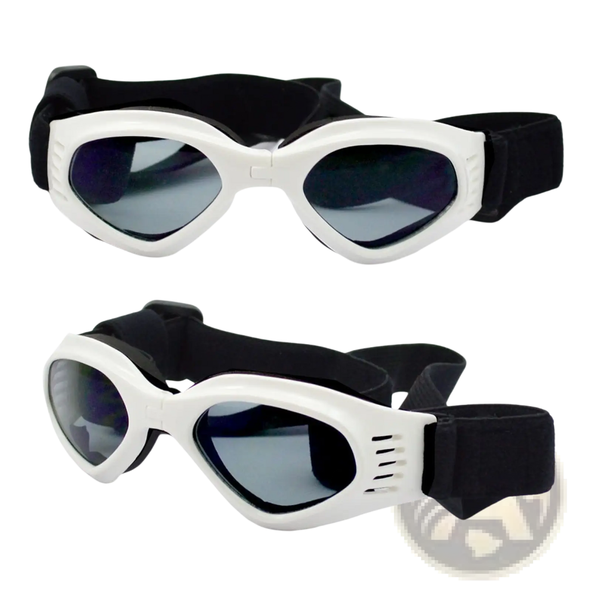 White dog goggles with uv protection featuring dark gray tinted lenses and black elastic straps for secure fit