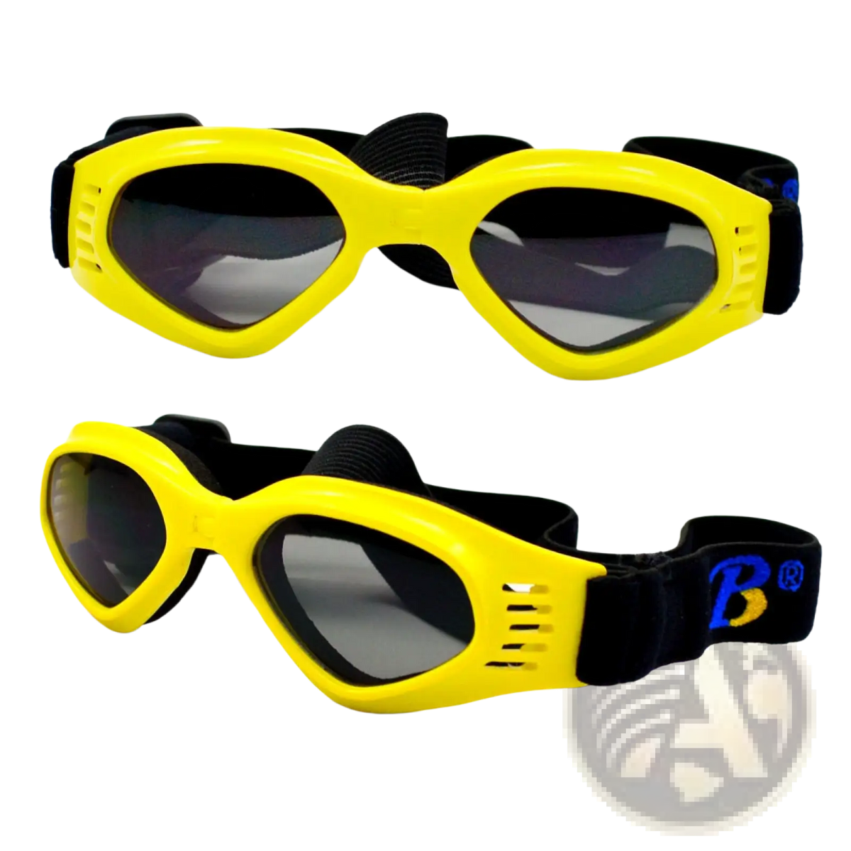 Bright yellow plastic dog goggles with uv protection featuring black elastic straps and dark gray lenses