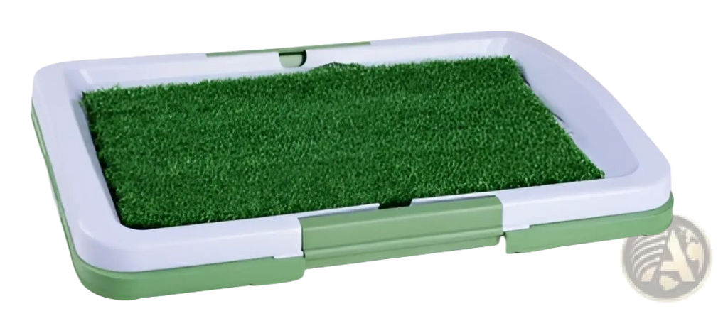 Green artificial grass dog pee pad with white plastic frame and handle indoor potty tray for dogs