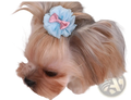Light blue ruffled organza dog hair bow with small pink satin ribbon accent pastel pet accessory
