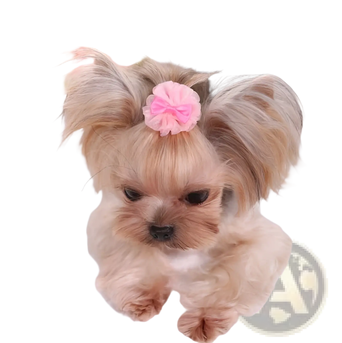 A fluffy tan and gray yorkshire terrier wearing a pink organza bubble dog hair bow pet accessory