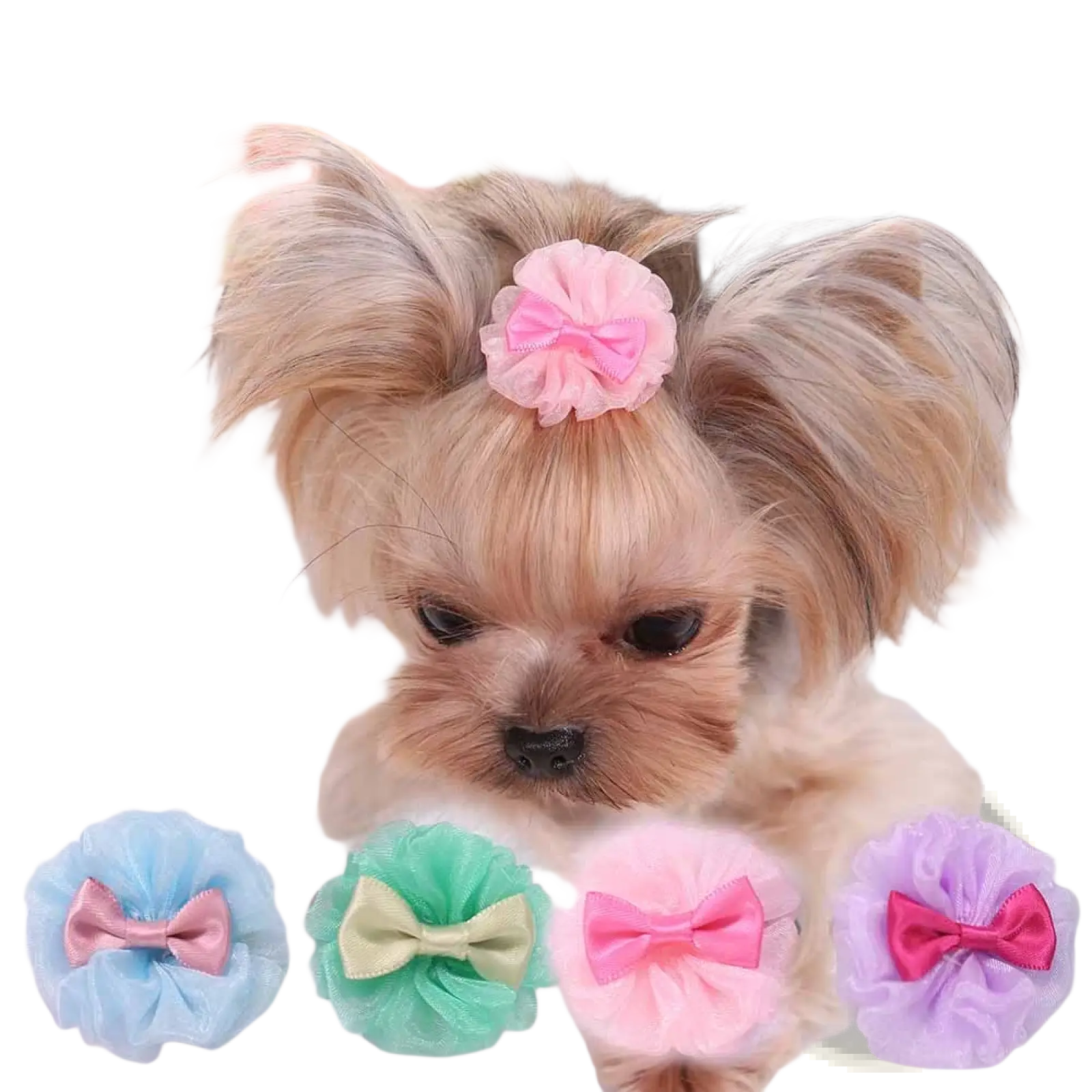 Pink ruffled dog hair bow with organza bubble design and satin ribbon center for pastel pet accessory