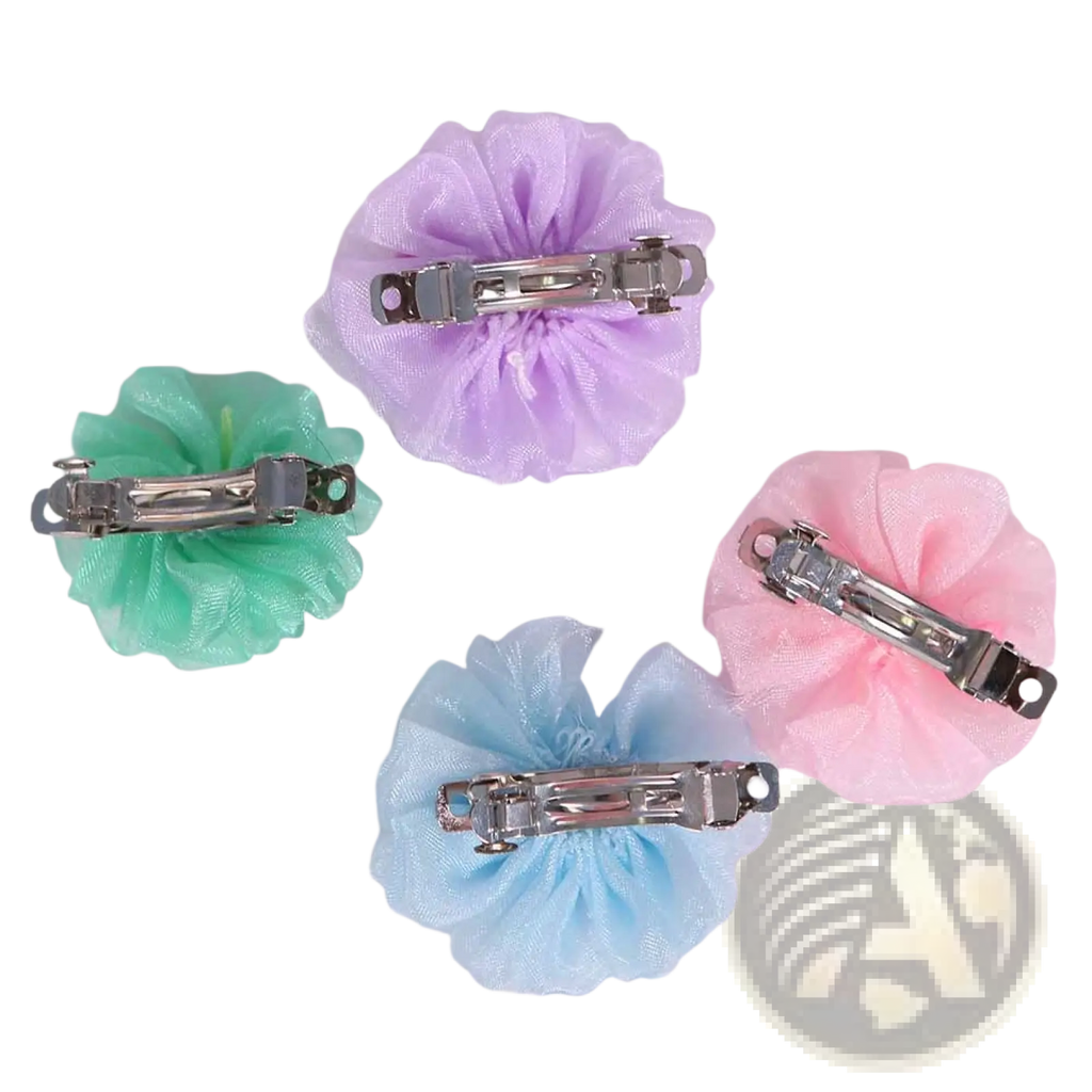 Pastel-colored dog hair bows with organza bubble design sheer ruffled fabric and silver metal clasps pet accessory