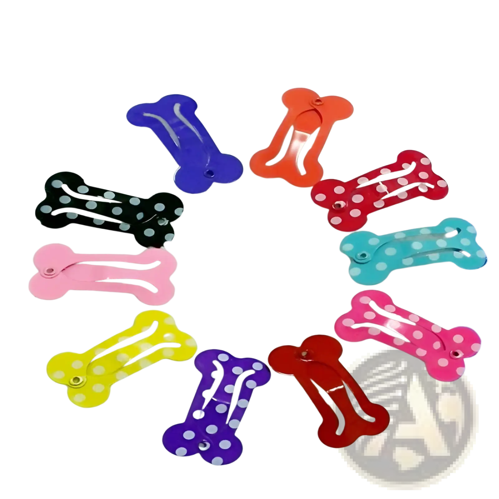 A set of colorful bone shaped metal dog hair clips with solid and polka dot shiny plastic surfaces