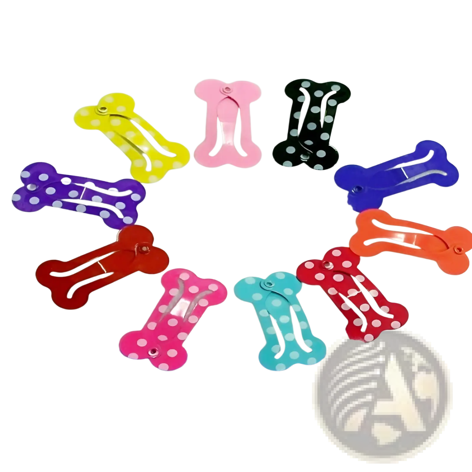 A set of colorful bone shaped metal dog hair clips in solid and polka dotted patterns for pets