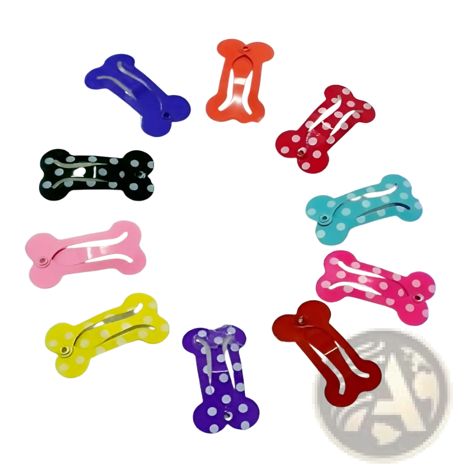 A set of colorful bone shaped dog hair clips in solid and polka dot patterns with metal barrettes