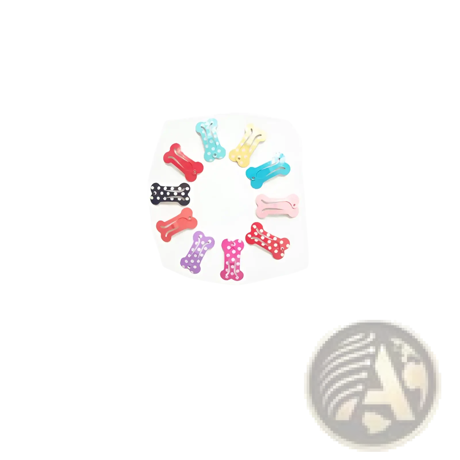 A set of colorful bone shaped metal dog hair clips with glossy polka dot finish in pastel and vibrant hues