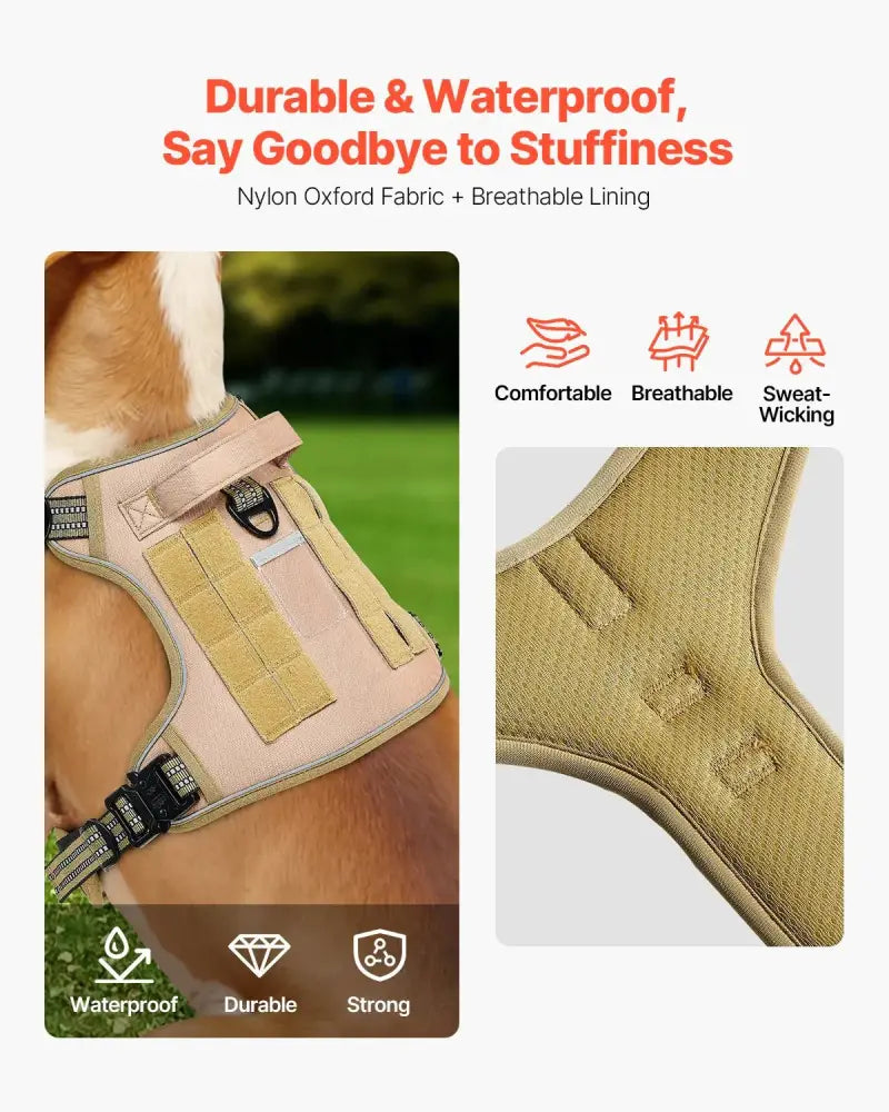 Beige nylon oxford fabric tactical no pull heavy duty adjustable dog harness vest with tan tactical webbing and straps