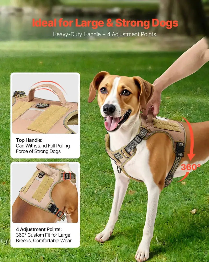 Tan tactical no pull heavy duty dog harness vest with adjustable straps and sturdy top handle for secure control