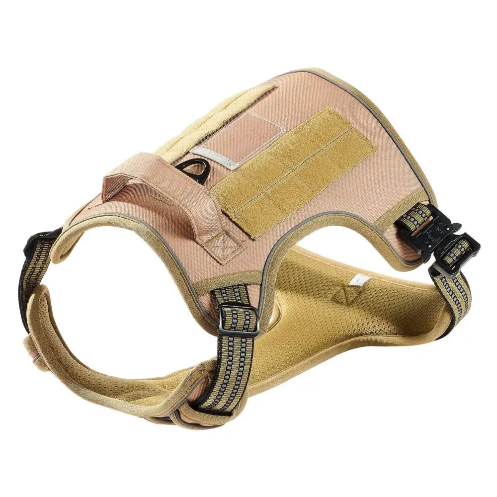 Tan tactical no pull heavy duty adjustable dog harness vest with reinforced stitching and adjustable straps shown from back